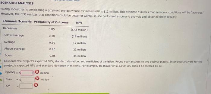  SCENARIO ANALYSIS Huang Industries is considering a proposed project whose estimated