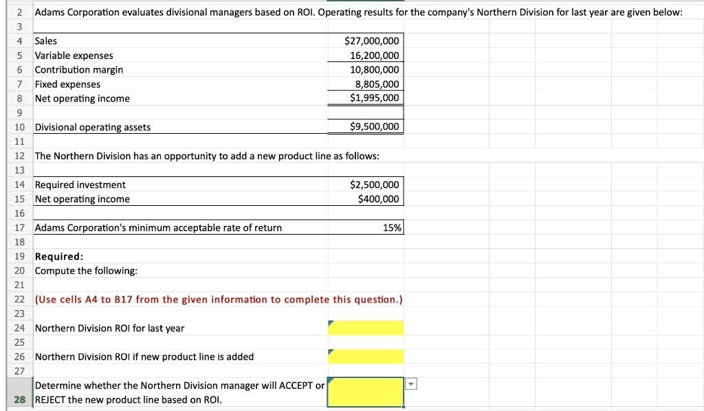 2 Adams Corporation evaluates divisional managers based on ROI. Operating results