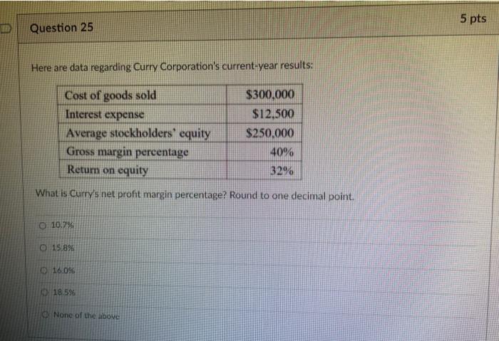  5 pts D Question 25 Here are data regarding Curry Corporation's