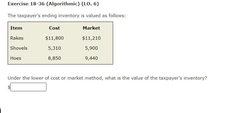 Exercise 18-36 (Algorithmic) (LO. 6) The taxpayer's ending inventory is valued