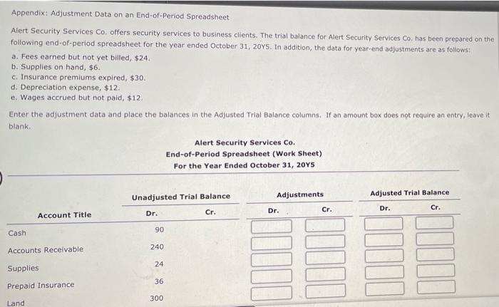  Appendix: Adjustment Data on an End-of-Period Spreadsheet Alert Security Services Co.