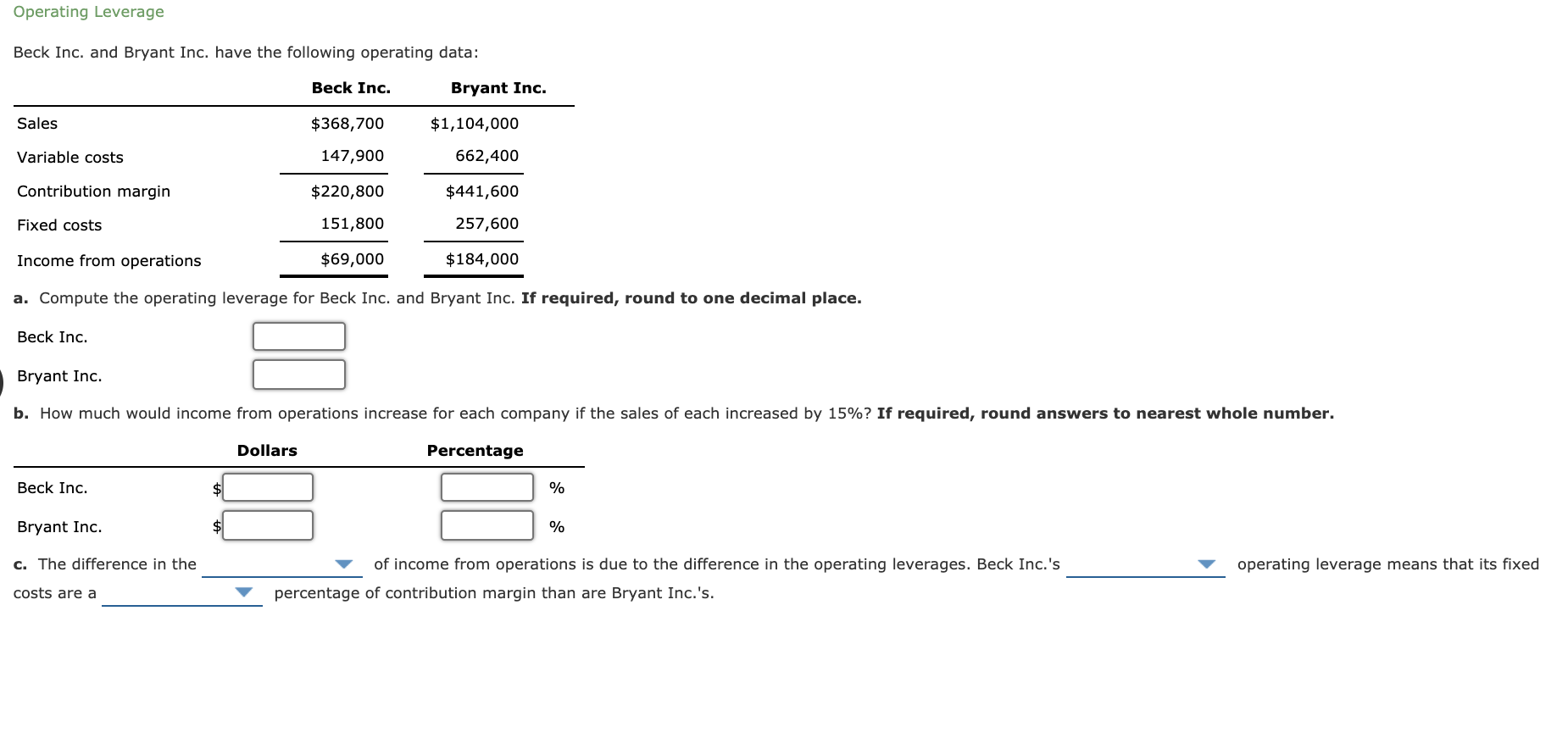 ch 21 10 Operating Leverage Beck Inc. and Bryant Inc. have the