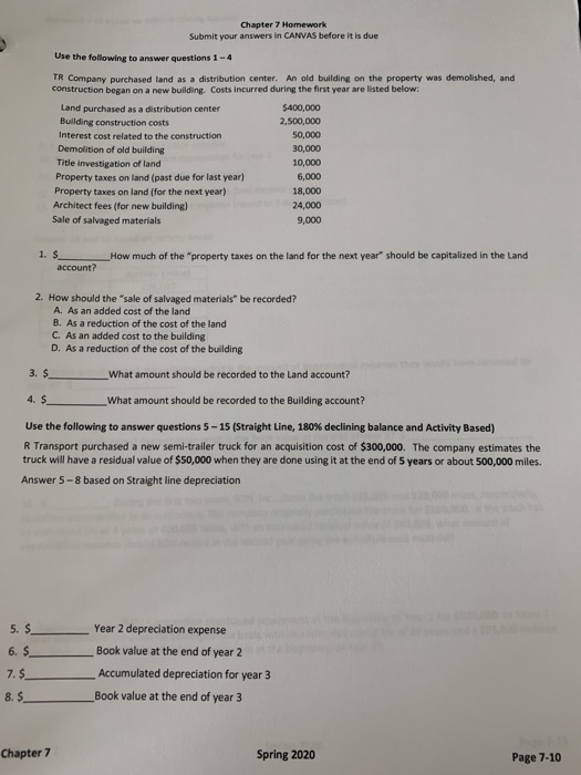  Chapter 7 Homework Submit your answers in CANVAS before it is