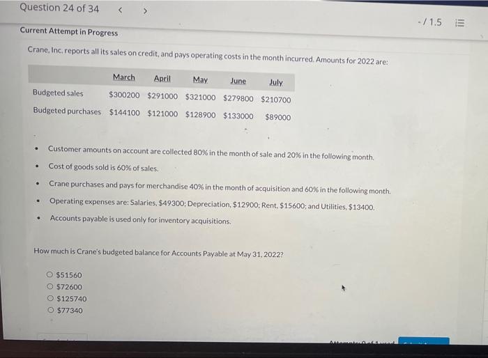 Question 24 of 34 Current Attempt in Progress Crane, Inc. reports all