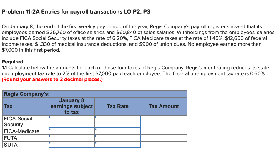 Problem 11-2A Entries for payroll transactions LO P2, P3 On January