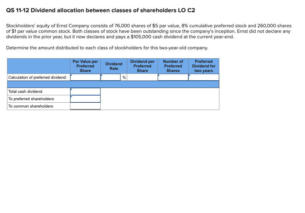  QS 11-12 Dividend allocation between classes of shareholders LO C2 Stockholders'