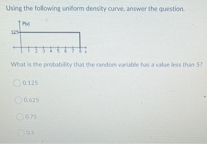  Using the following uniform density curve, answer the question. P[x] 125