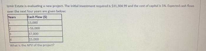  1 Izmir Estate is evaluating a new project. The initial investment