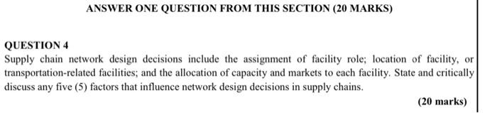  ANSWER ONE QUESTION FROM THIS SECTION (20 MARKS) QUESTION 4 Supply