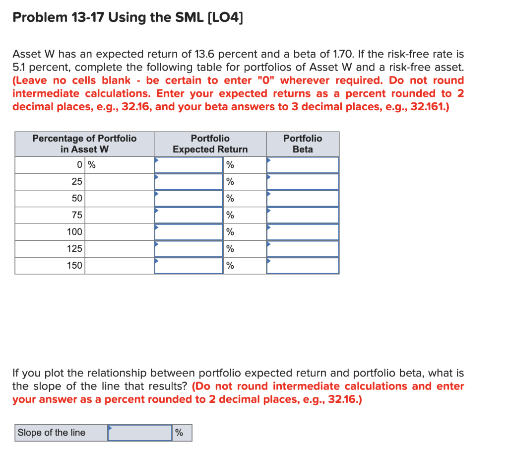  Very tricky question... Problem 13-17 Using the SML (LO4] Asset W