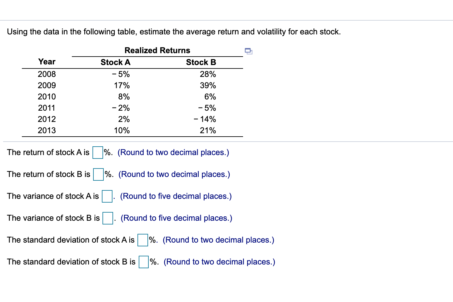  Using the data in the following table, estimate the average return