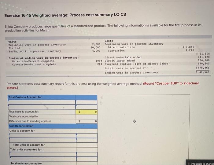  Exercise 16-16 Weighted average: Process cost summary LO C3 Elliott Company