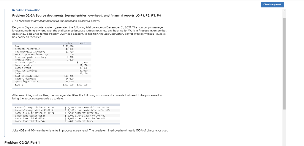 Check my work Required information Problem 02-2A Source documents, journal entries,
