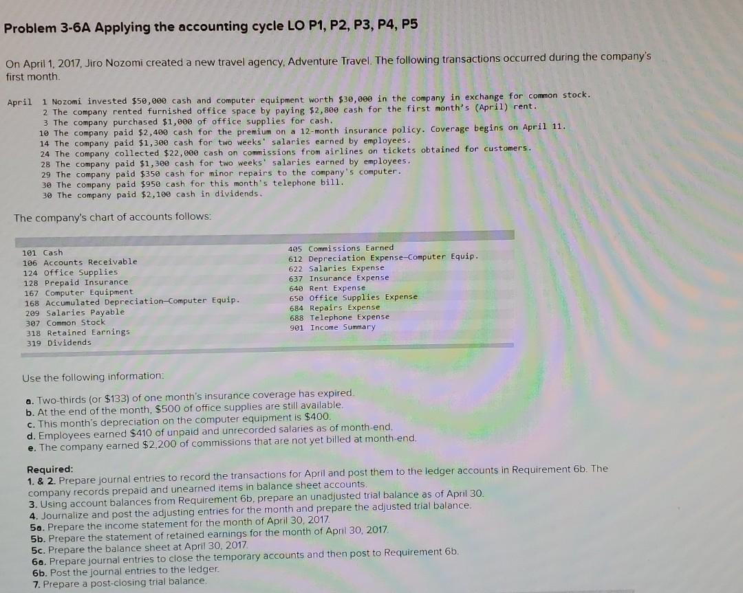  Problem 3-6A Applying the accounting cycle LO P1, P2, P3, P4,