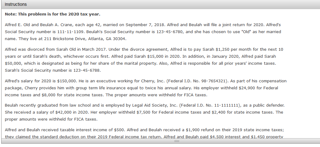  Instructions Note: This problem is for the 2020 tax year. Alfred