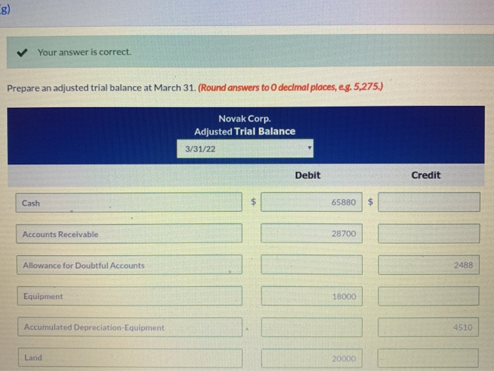 Allowance for Doubtful Accounts 1488 4. 3/31/2022 Depreciation Expense Accumulated Depreciation-Equipment 510