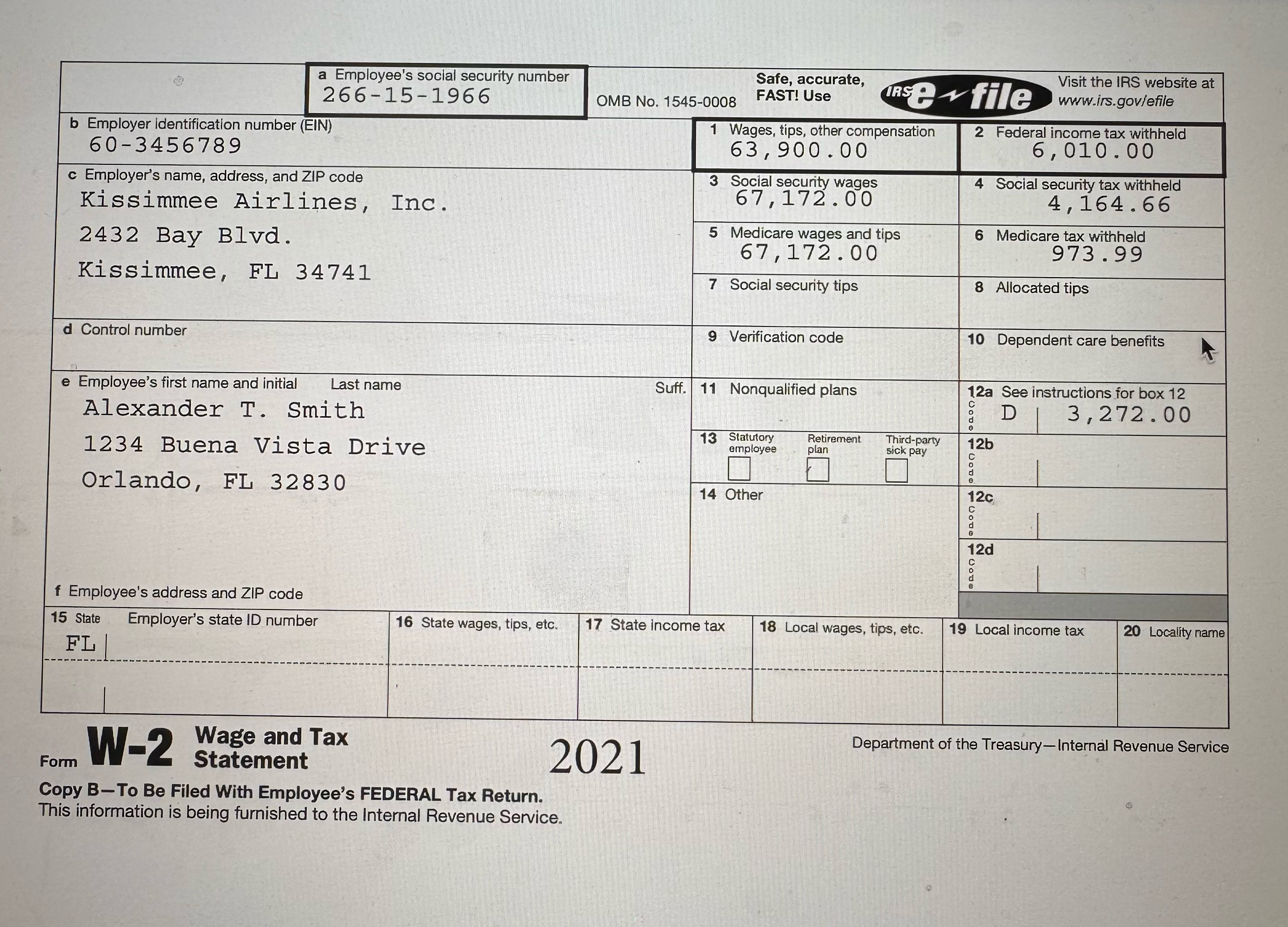  Please fill out folowing forms given information. Form W-22021 Department of