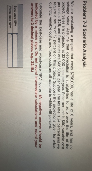  Problem 7-2 Scenario Analysis We are evaluating a project that costs