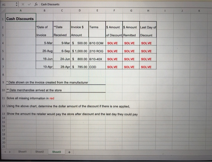  A1 x fx Cash Discounts A B C D E F