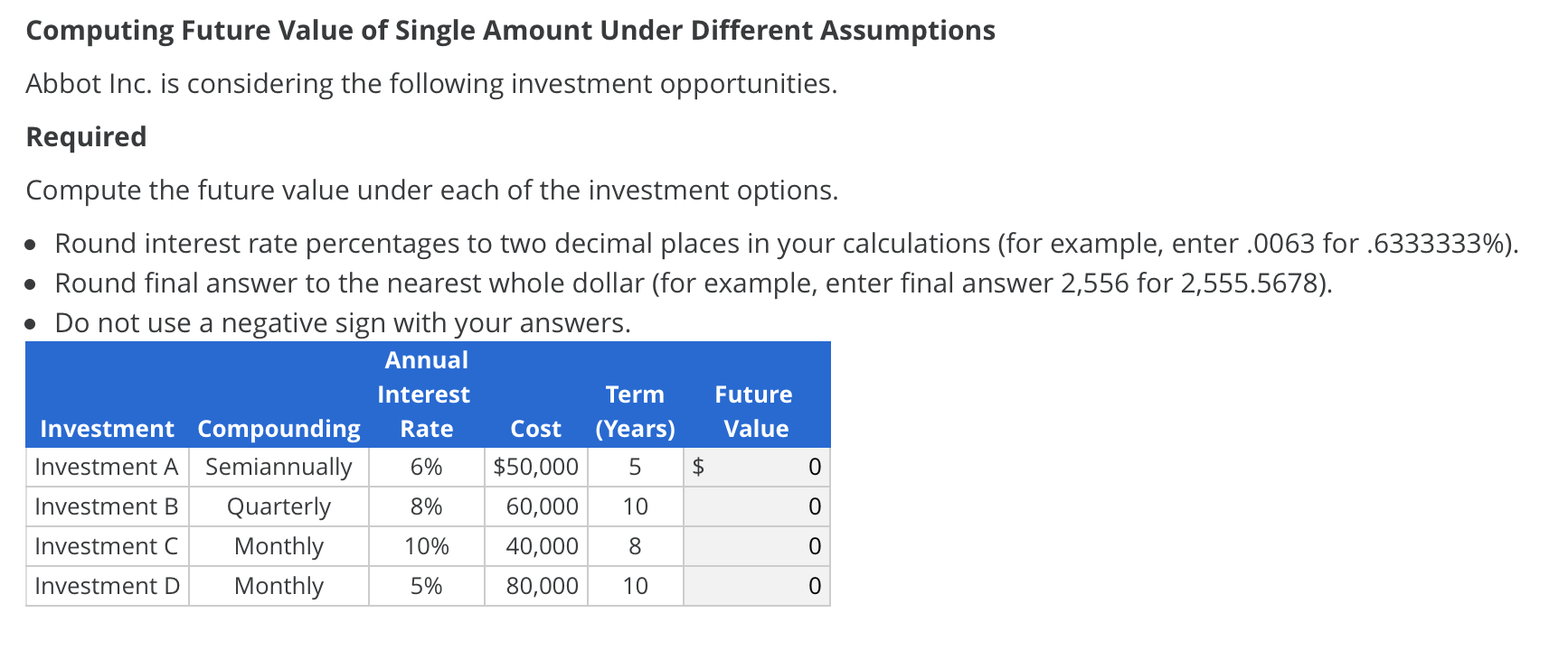 Computing Future Value of Single Amount Under Different Assumptions Abbot Inc.