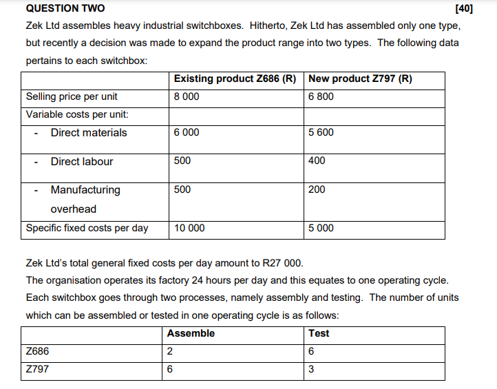  QUESTION TWO [40] Zek Ltd assembles heavy industrial switchboxes. Hitherto, Zek