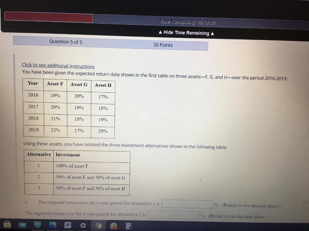 Time Remaining: 00:19:42 A Hide Time Remaining A Question 5 of