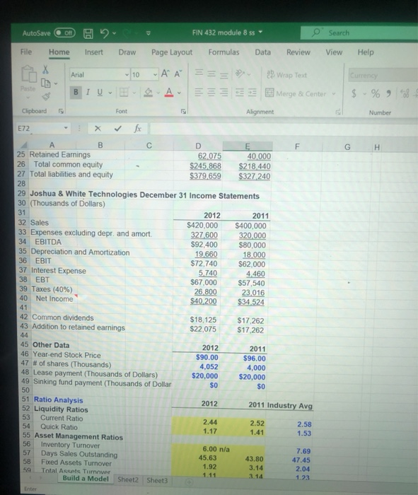 market value ratios. please show what you pluged in on xl ..