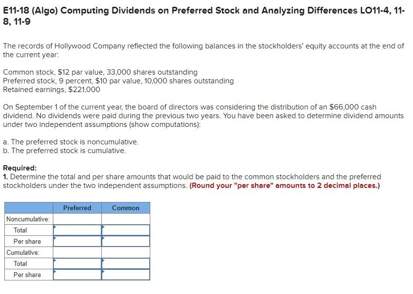E11-18 (Algo) Computing Dividends on Preferred Stock and Analyzing Differences LO11-4,