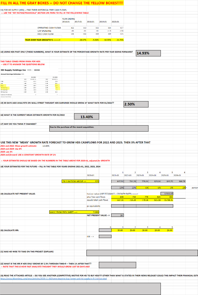 FILL IN ALL THE GRAY BOXES -- DO NOT CHANGE THE