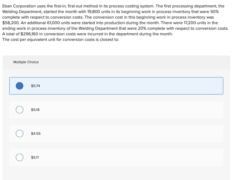 Eban Corporation uses the first-in, first-out method in its process costing