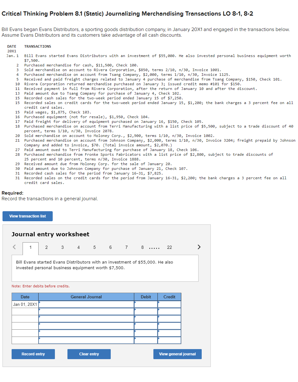  Critical Thinking Problem 8.1 (Static) Journalizing Merchandising Transactions LO 8-1, 8-2