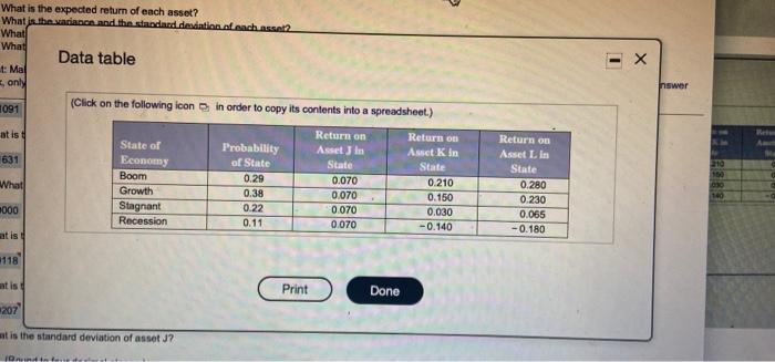 the questions a. What is the expected return of each asset? b.