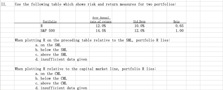II. Use the following table which shows risk and return measures