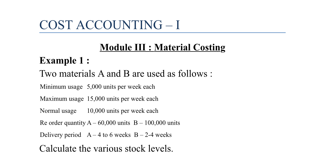  COST ACCOUNTING - I Module III : Material Costing Example 1