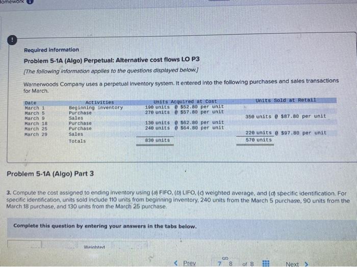 PLEASE HELP!!! Homework Required information Problem 5-1A (Algo) Perpetual: Alternative cost flows