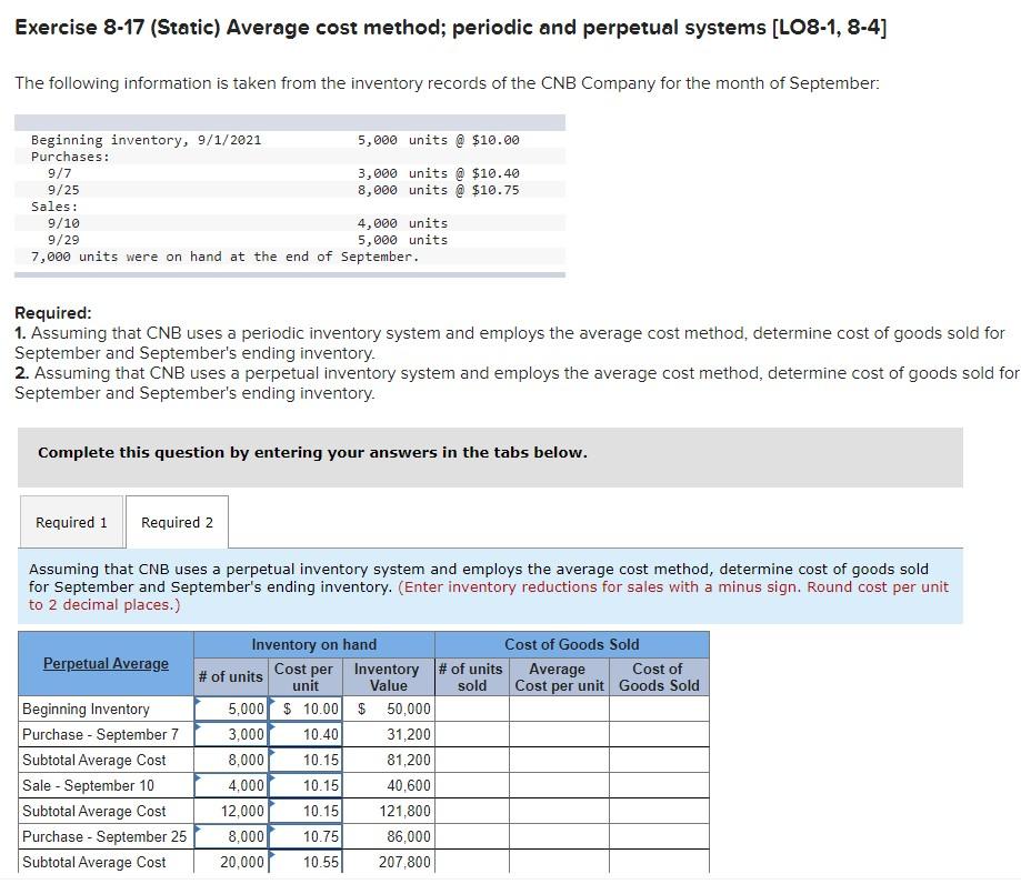 Exercise 8-17 (Static) Average cost method; periodic and perpetual systems [LO8-1,