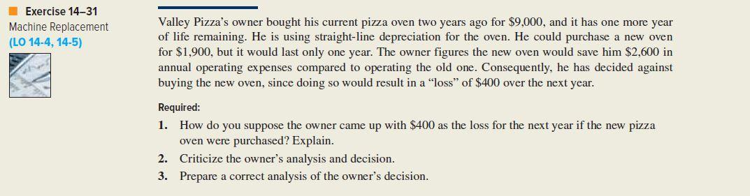 Exercise 14-31 Machine Replacement (LO 14-4, 14-5) Valley Pizza's owner bought