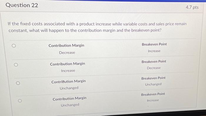  Question 22 4.7 pts If the fixed costs associated with a