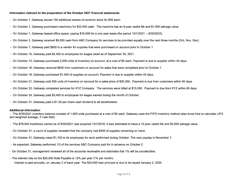 one-month period of time. The September 30, 2021 balance sheet for Gateway