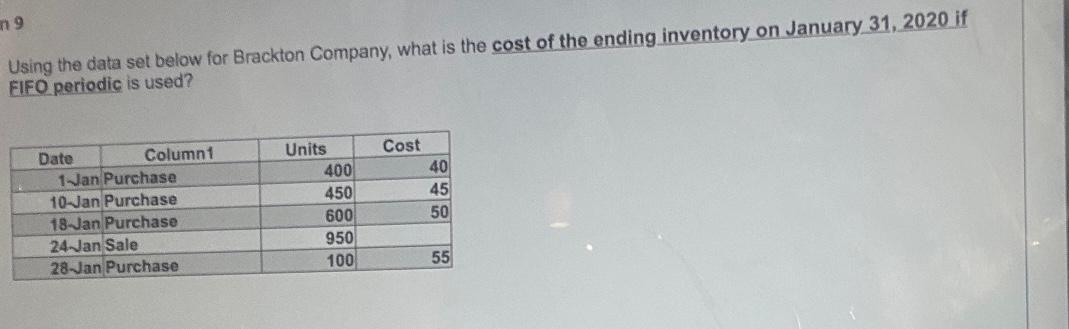 9 Using the data set below for Brackton Company, what is