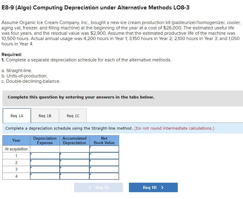 E8-9 (Algo) Computing Depreciation under Alternative Methods LO8-3 Assume Organic Ice