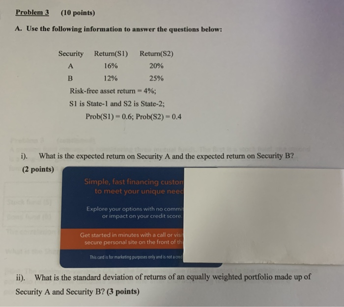  Problem 3 (10 points) A. Use the following information to answer