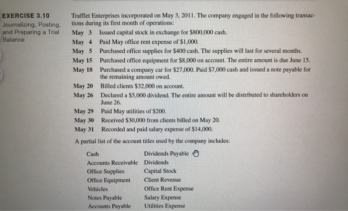  EXERCISE 3.10 Journalizing, Posting, and Preparing a Trial Balance Trafflet Enterprises