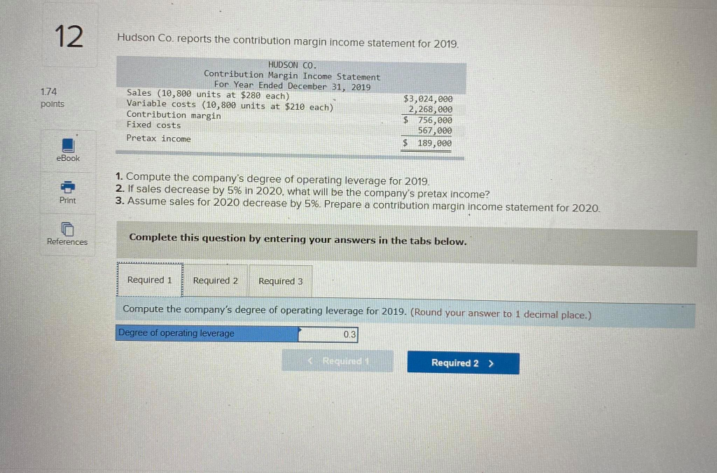 12 Hudson Co. reports the contribution margin income statement for 2019.