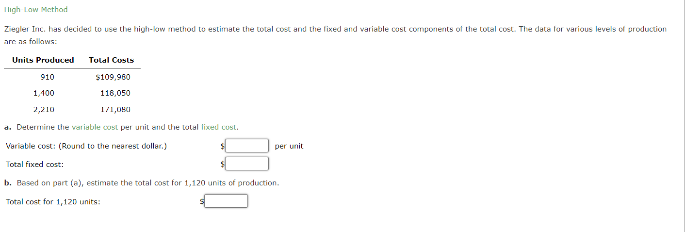 High-Low Method Ziegler Inc. has decided to use the high-low method