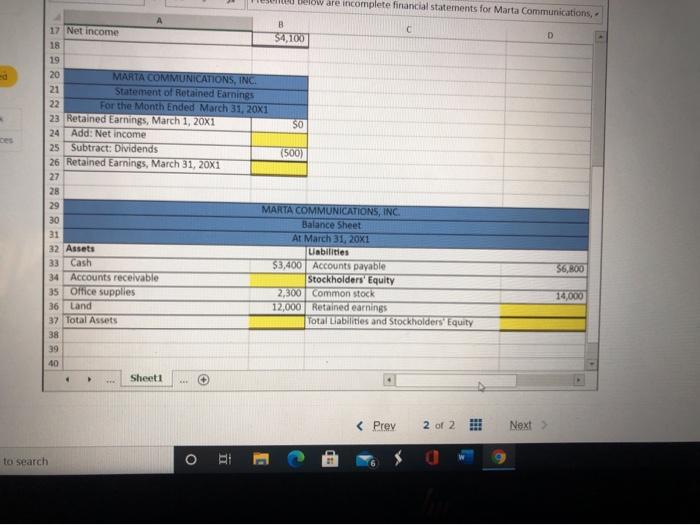 incomplete financial statements for Marta Communications, Ded B c 1 Presented below