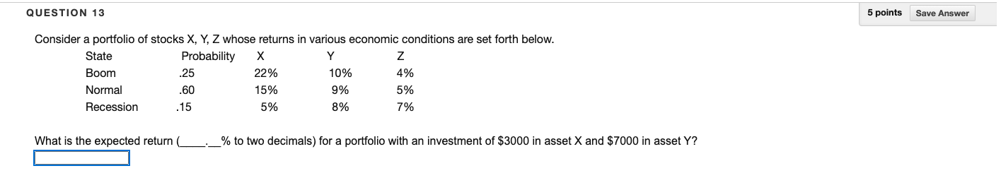  QUESTION 13 5 points Save Answer Consider a portfolio of stocks