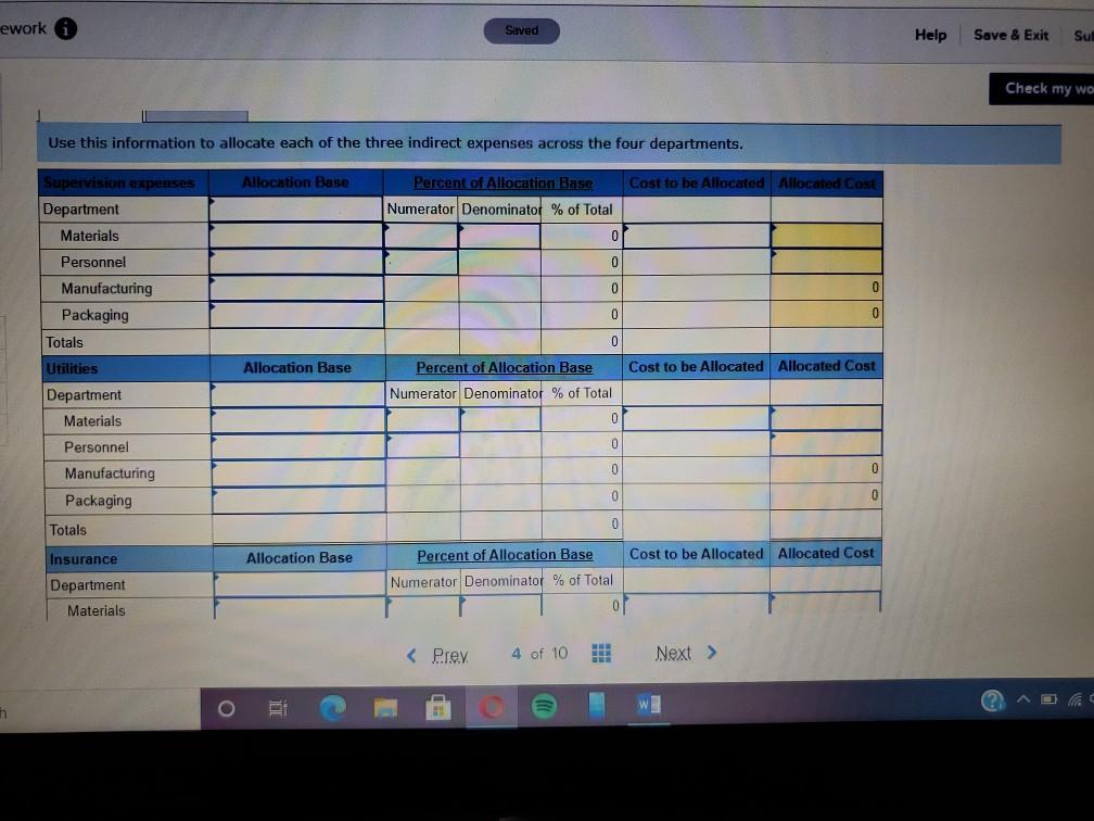 four departments: Materials, Personnel, Manufacturing, and Packaging. In a recent month, the