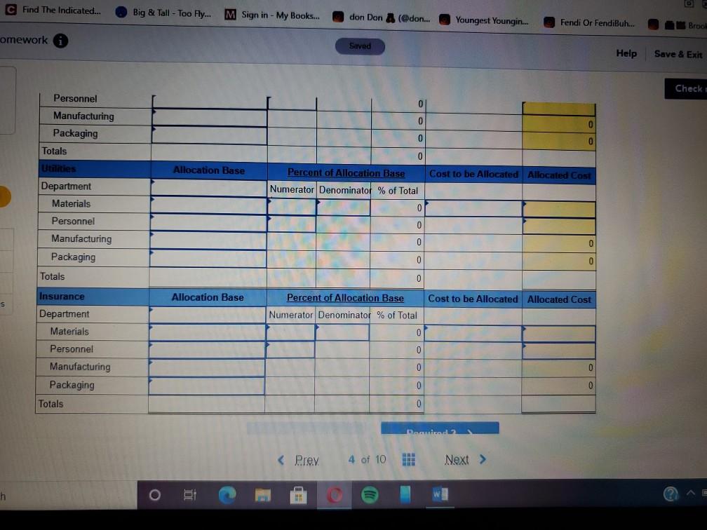 four departments incurred three shared indirect expenses. The amounts of these indirect