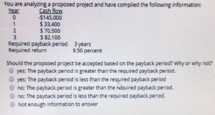 You are analyzing a proposed project and have compiled the following